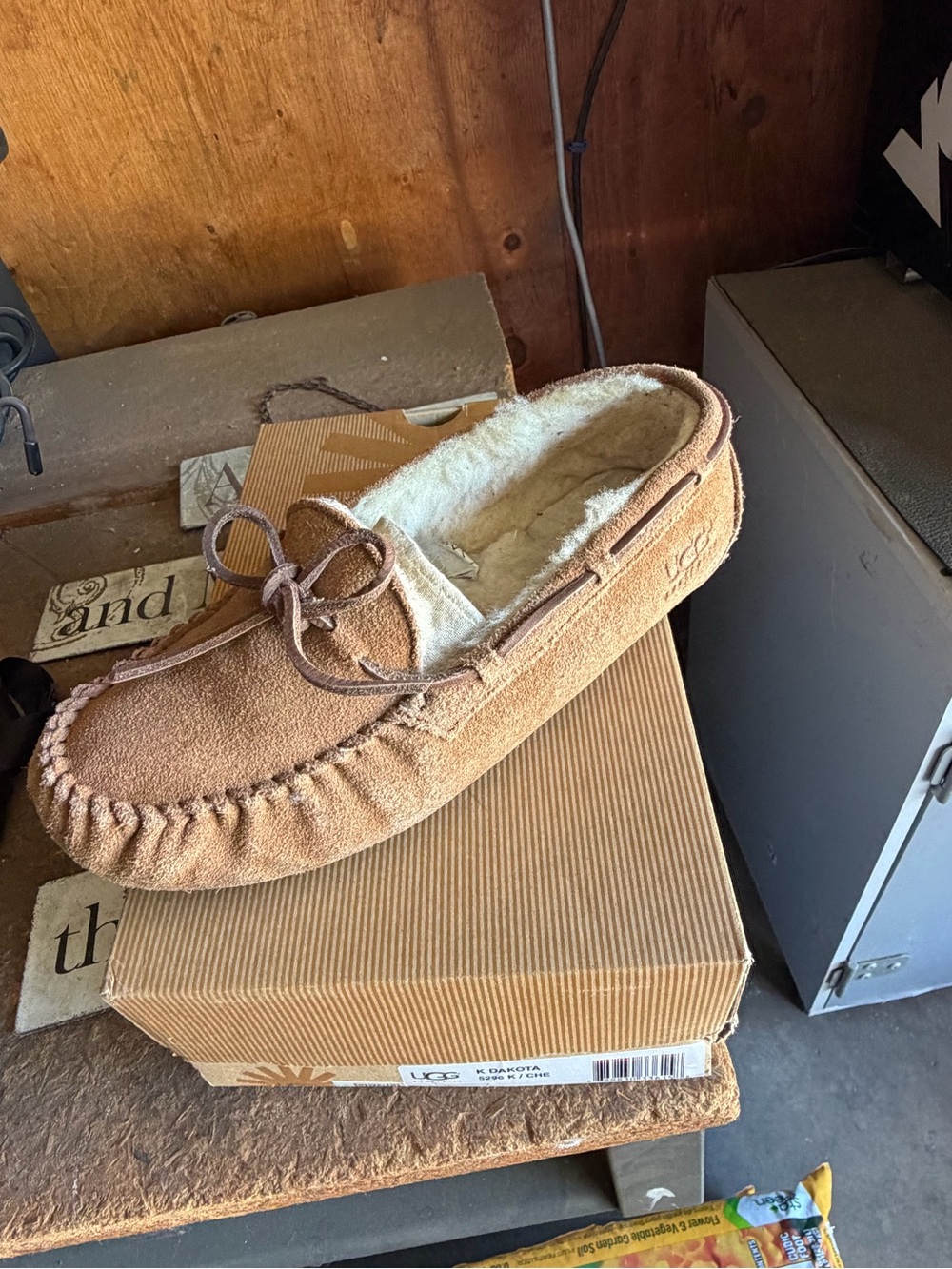 UGG kids Chestnut Suede Moccasin Slipper with Shearling Lining